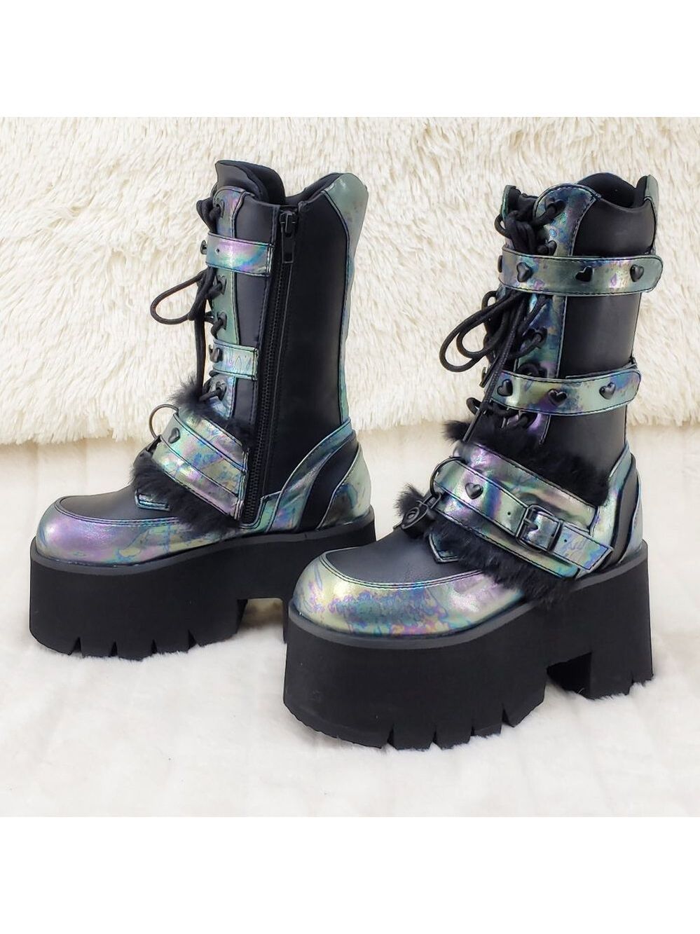Ash Goth Punk Furry Mid Calf Platform Boots - Picture 8 of 15
